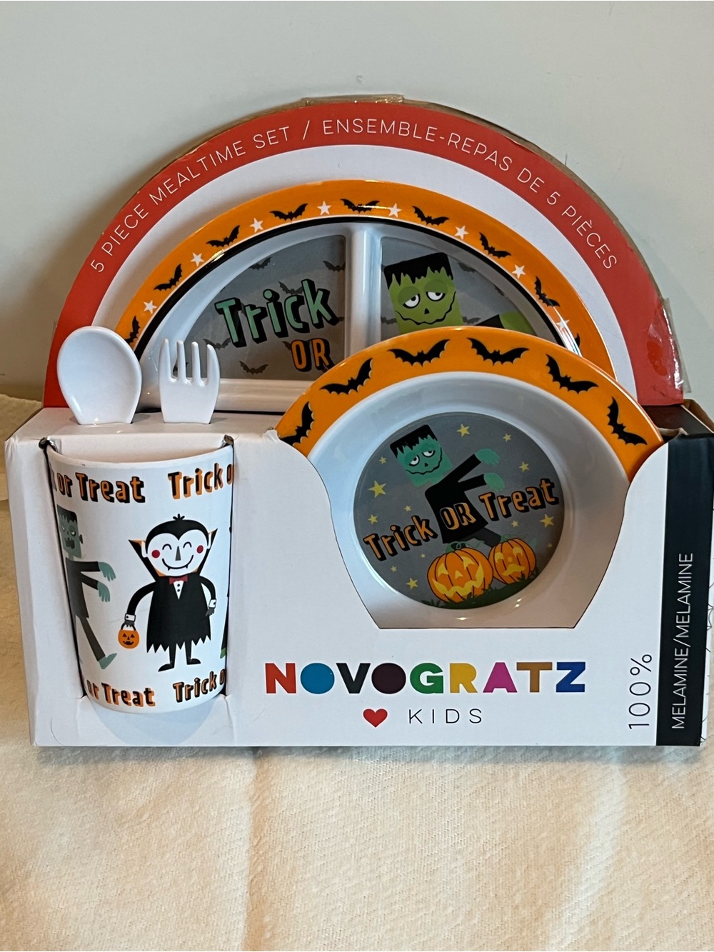 Novogratz Kids Halloween 5-Piece Mealtime Set - Orange, Black, White